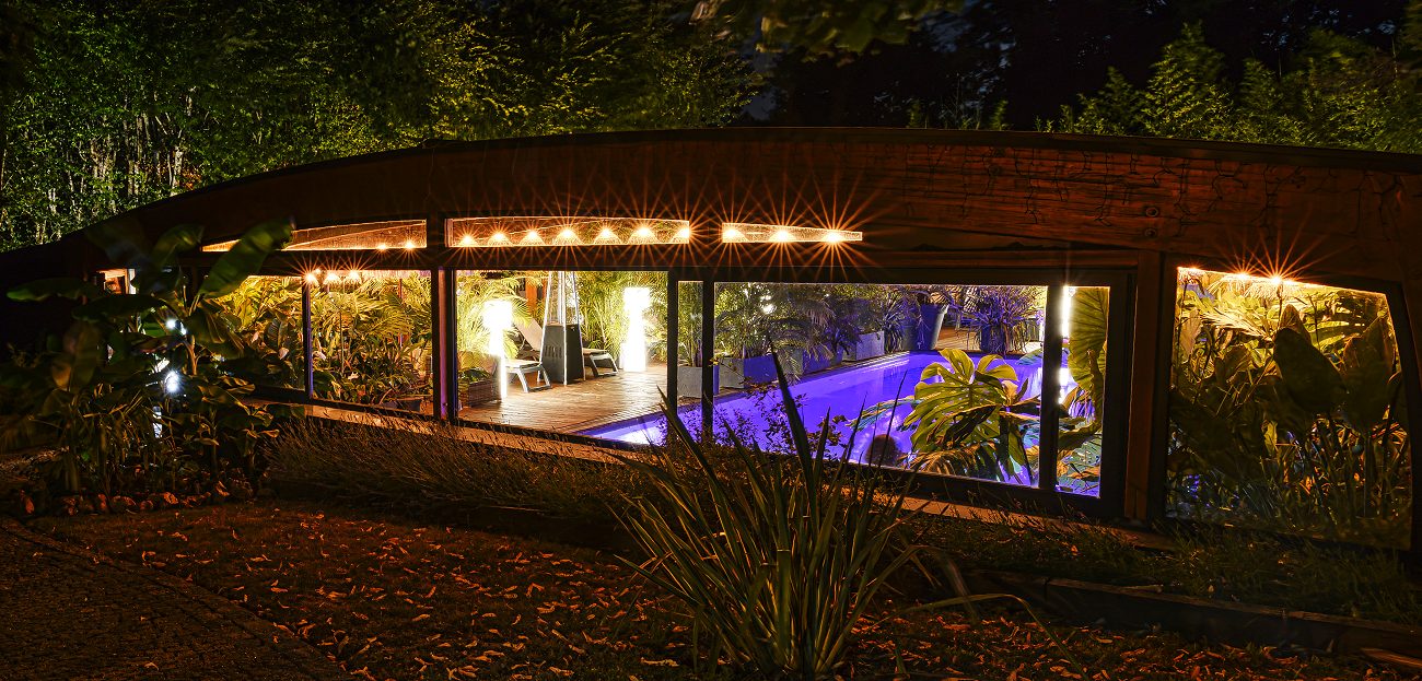 La piscine tropicale illuminée de bleu, vue de la forêt la nuit