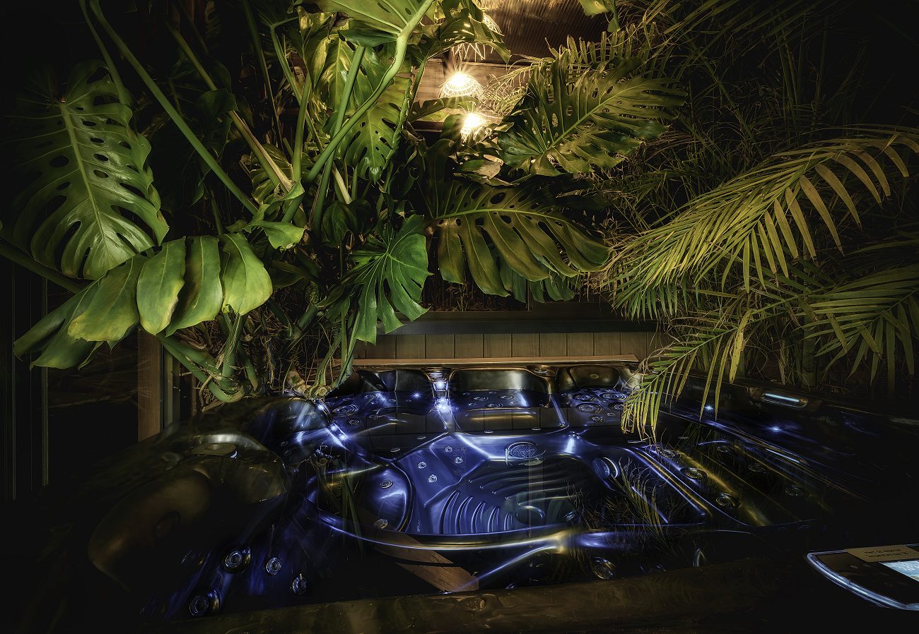 Le spa à 36 °C sous les palmes et les monsteras