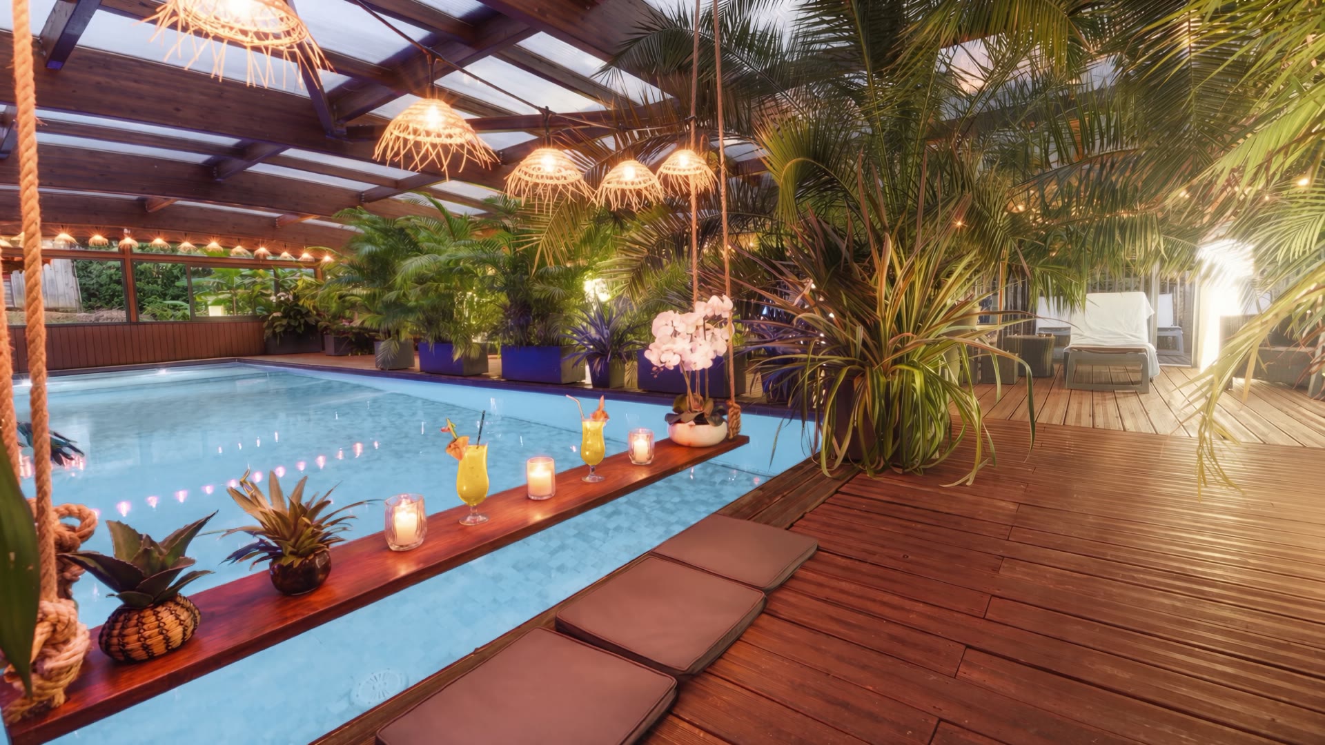 La piscine tropicale couverte du domaine, bordée de plantes vertes sous une charpente en bois
